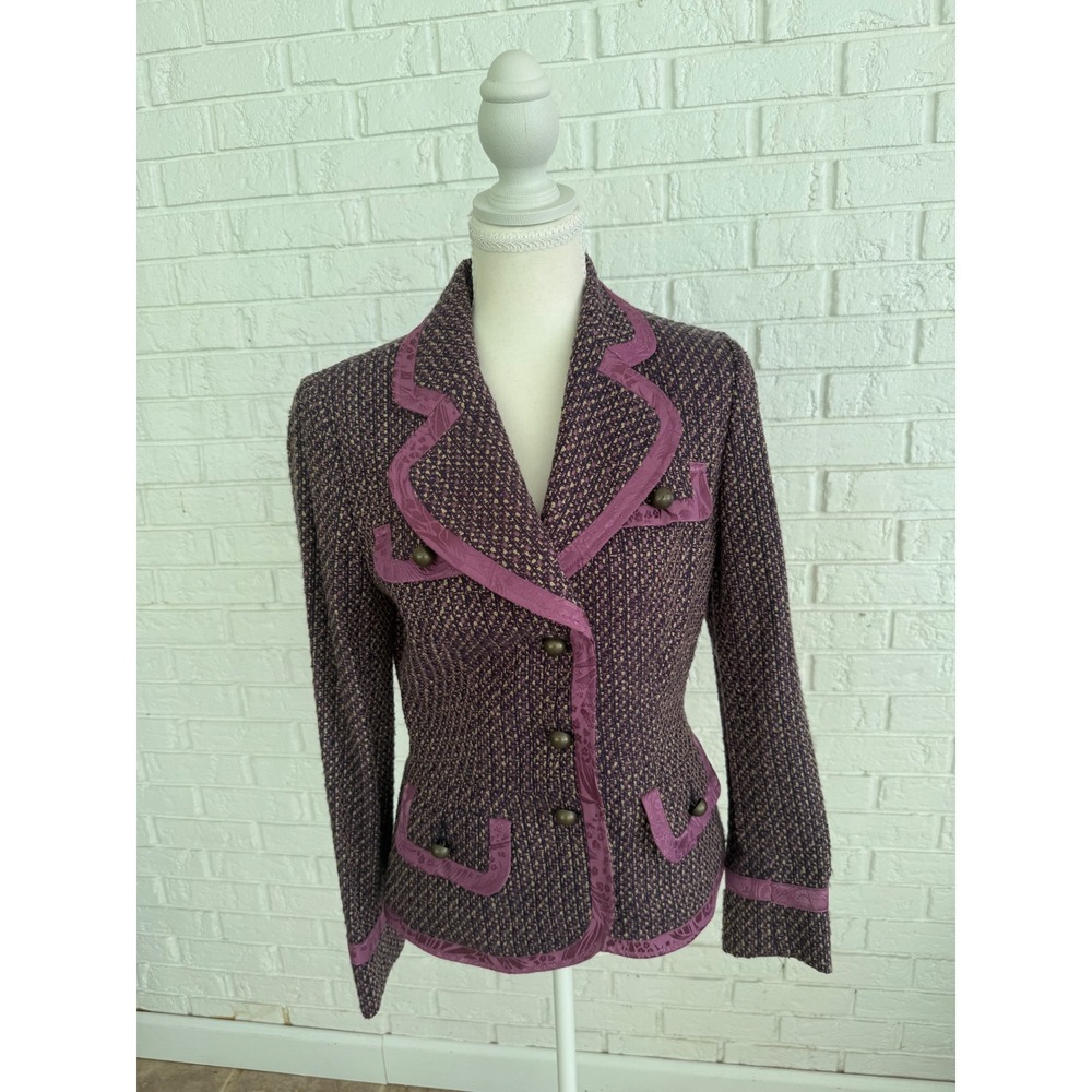 Bisou Bisou Blazer Women 8 Purple Excellent Tweed Jacquard Trim Button Front